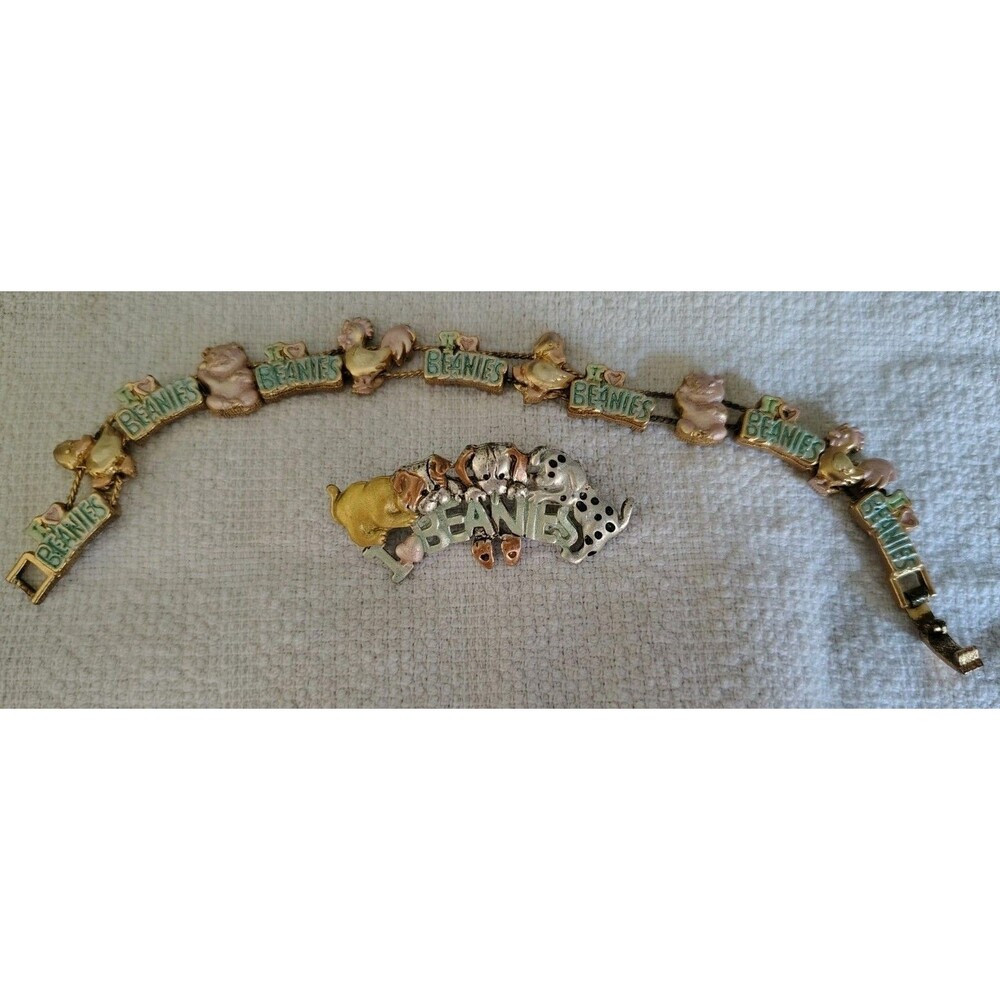 Vintage I Love Beanies Charm Bracelet & Pin Farm Animals & Dogs